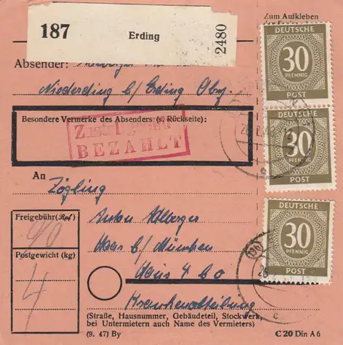 Carte de paquet 1948: Niedererding vers Haar b. Munich