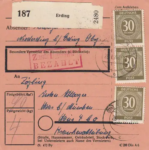 Paketkarte 1948: Niedererding nach Haar b. München