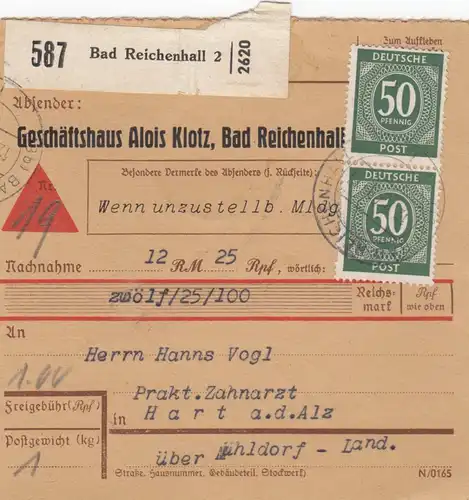 Paketkarte 1948: Bad Reichenhall nach Hart, Selbstbucher, Nachnahme