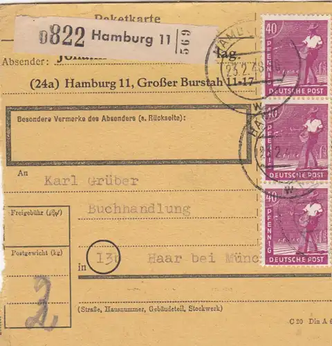 Paketkarte 1948: Hamburg 11 nach Buchhandlung Haar, Selbstbucher