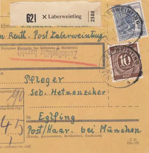 Carte de paquet 1948: Laberweinting après Eglfing Post Cheveux