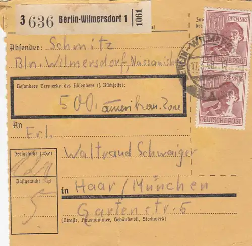Carte de paquet 1948: Berlin-Wilmersdorf par Haar, carte de valeur