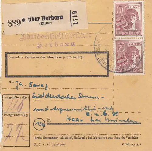 Paketkarte 1948: Herborn Landesheilanstalt nach Haar