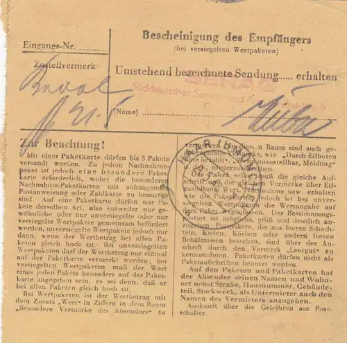 Carte de paquet 1948: Herborn Landesheilanstalt par Haar