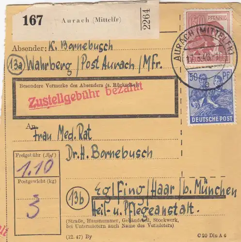 Carte de paquet 1948: Vehenberg Aurach après Eglfing, établissement de soins infirmiers