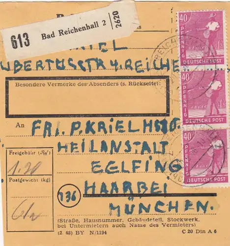 Paketkarte 1948: Bad Reichenhall nach Eglfing Haar, Heilanstalt