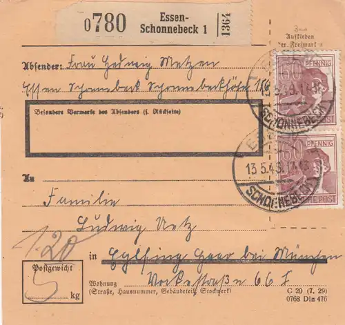 Carte de paquet 1948: Essen-Schonnebeck après Eglfing