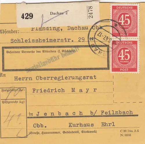 Carte de paquet 1948: Planding Dachau d'après Jenbach, Conseil du gouvernement supérieur