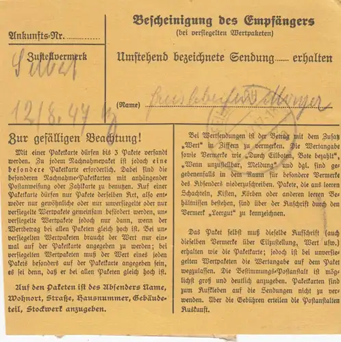 Carte de paquet 1948: Planding Dachau d'après Jenbach, Conseil du gouvernement supérieur