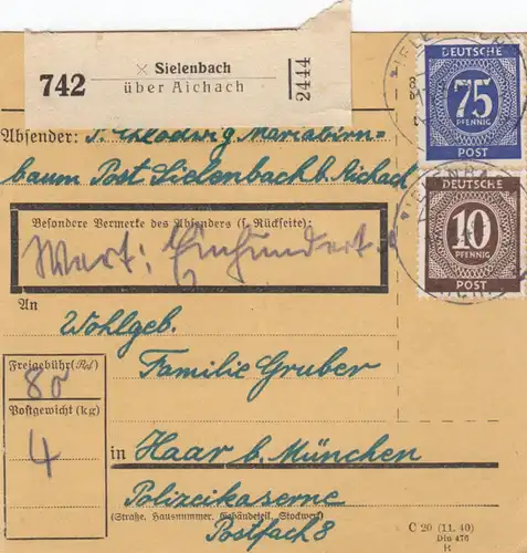 Carte de paquet 1948: Sielenbach par Haar, carte de valeur