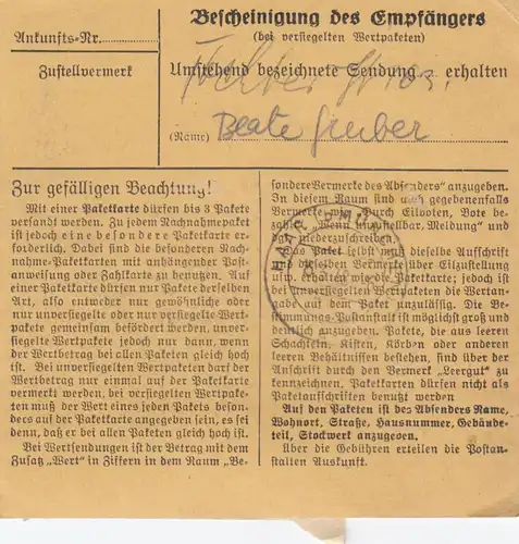 Carte de paquet 1948: Sielenbach par Haar, carte de valeur