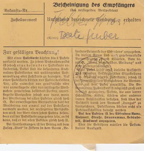 Paketkarte 1948: Sielenbach nach Haar, Wertkarte