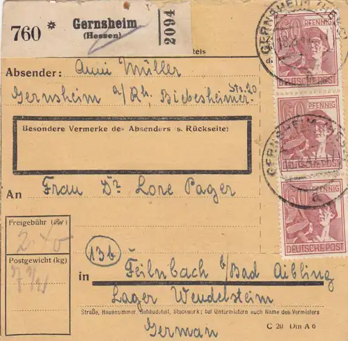 Paketkarte 1947: Gernsheim nach Feilnbach, Lager Wendelstein
