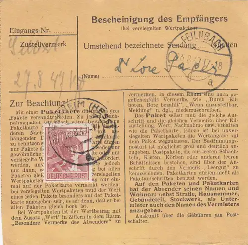 Paketkarte 1947: Gernsheim nach Feilnbach, Lager Wendelstein