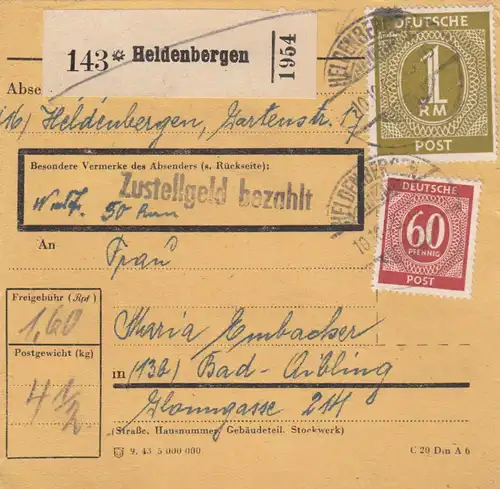 Paketkarte 1946: Heldenbergen nach Bad Aibling, Wertkarte