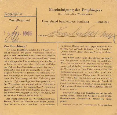 Paketkarte 1946: Heldenbergen nach Bad Aibling, Wertkarte