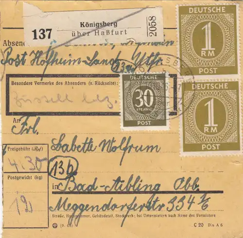 Paketkarte 1946: Königsberg Post Hofheim-Land nach Bad Aibling