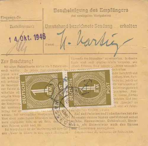 Paketkarte 1946: Königsberg Post Hofheim-Land nach Bad Aibling