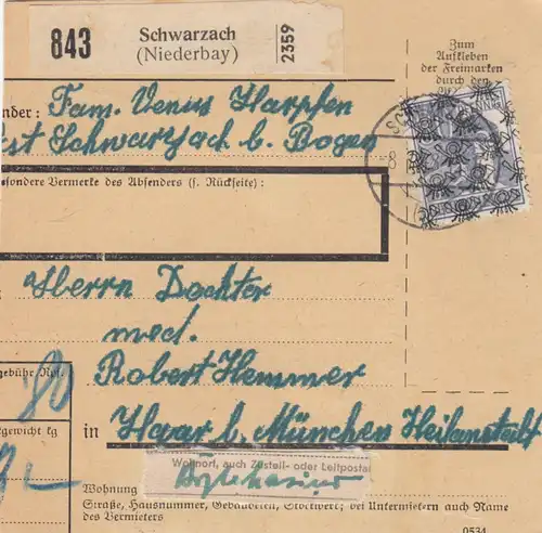 BiZone Paketkarte 1948: Schwarzach nach Haar, Heilanstalt