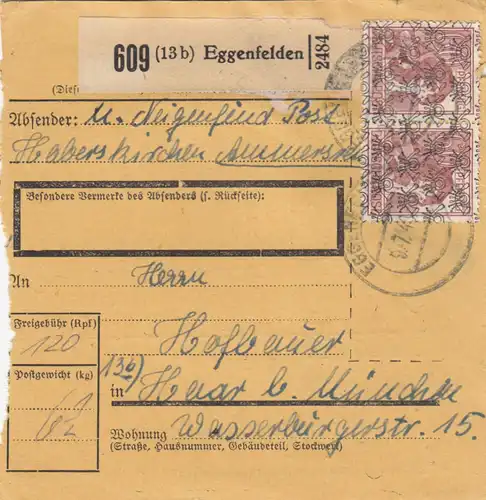 Carte de paquet BiZone 1948: Eggenfelden Post Haberskirchen après Haar