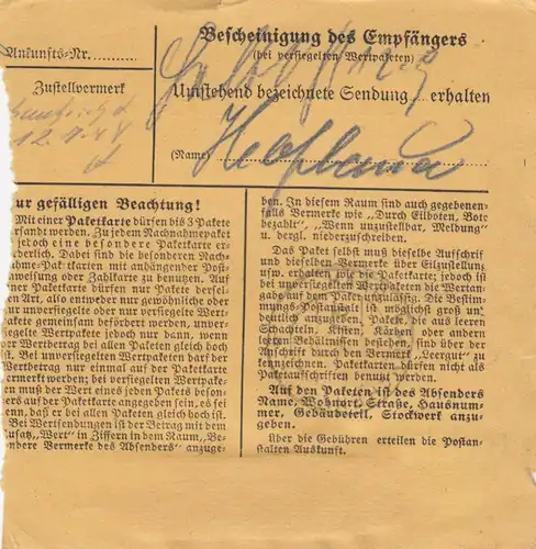 BiZone Paketkarte 1948: Eggenfelden Post Haberskirchen nach Haar