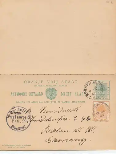 South Africa 1899: post card with response card Springfontein to Berlin