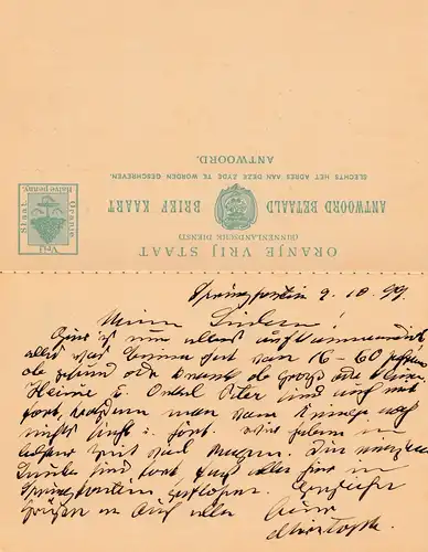 South Africa 1899: post card with response card Springfontein to Berlin