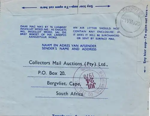 Afrique du Sud 1970: registered Bergvliet to Washingthon