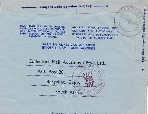 South Africa 1970: registered Bergvliet to Washingthon