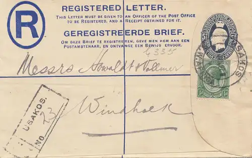 Afrique du Sud 1922: registred Usakos to Windhoek