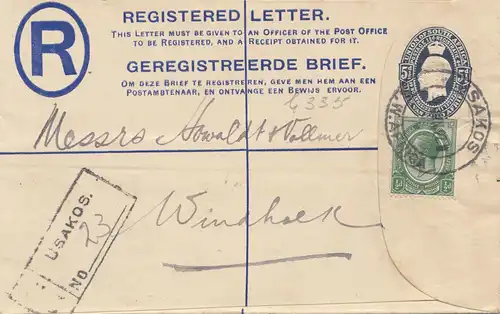 South Africa 1922: registered Usakos to Windhoek