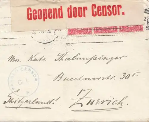 Afrique du Sud 1915: Johannesburg to Zurich, opened by censor