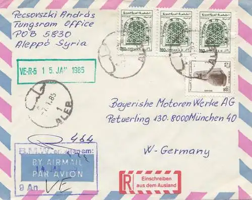 Syria 1985: air mail registered Alep to BMW Munich, recommandé a.d. Etranger