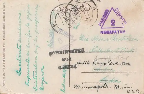Thailand 1940: post card Bangkok to Mineapolils, censor 