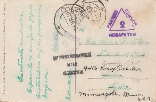 Thailand 1940: post card Bangkok to Mineapolils, censor