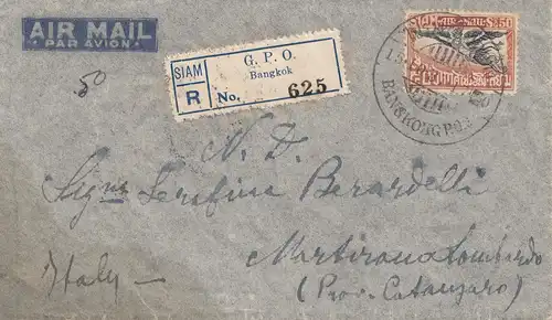 Thaïlande 1937: air mail registered Bangkok to Catanzaro/Milano/Italy
