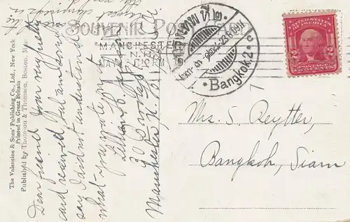 États-Unis 1911: post card Chimney, Amoskeag Mills, Manchester to Bangkok