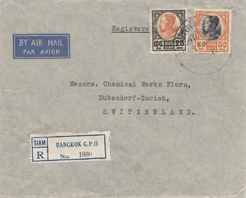 Thaïlande 1939: registered air mail Bangkok to Dübendorf/Zürich