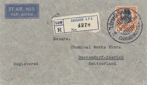 Thailand 1938:  air mail registered Bangkok to Dübendorf/Zürich