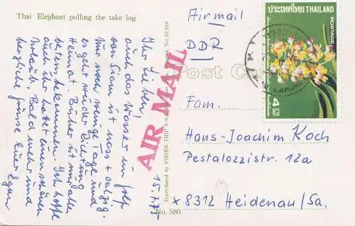 Thailand 1975: post card Thai Elephant via air mail to Heidenau/DDR