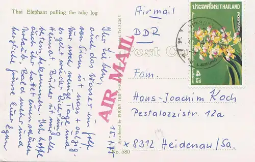 Thaïlande 1975: post card Thai Elephant via air mail to Heidenau/DDR
