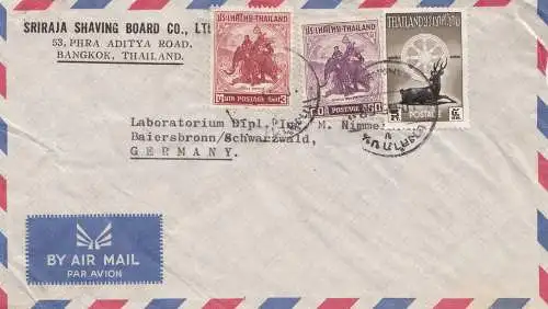 Thailand 1958: air mail Bangkok to Laboratorium Baiersbronn, deere, elephant