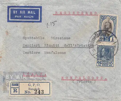 Thailand 1936: air mail registered Bangkok to Monfalcone/Trieste