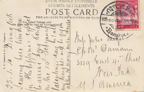 Thailand 1910: post card Istana of Johore/Bangkok to New York