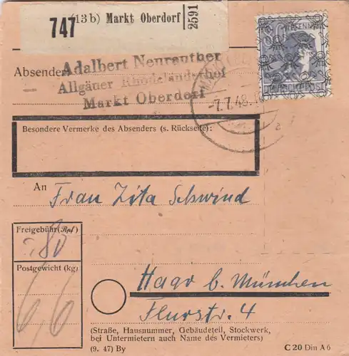 BiZone Paketkarte 1948: Rhodeländerhof, Markt Oberdorf nach Haar