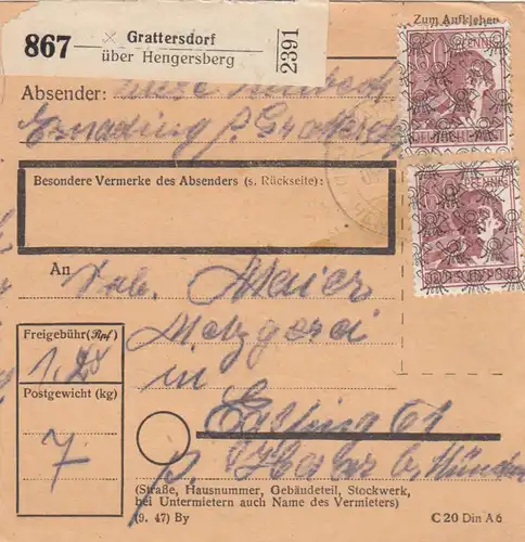 Carte de paquet BiZone 1948: Ismaning Post Grattersdorf vers Eglfing
