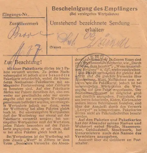 BiZone Paketkarte 1948: Ismaning Post Grattersdorf nach Eglfing