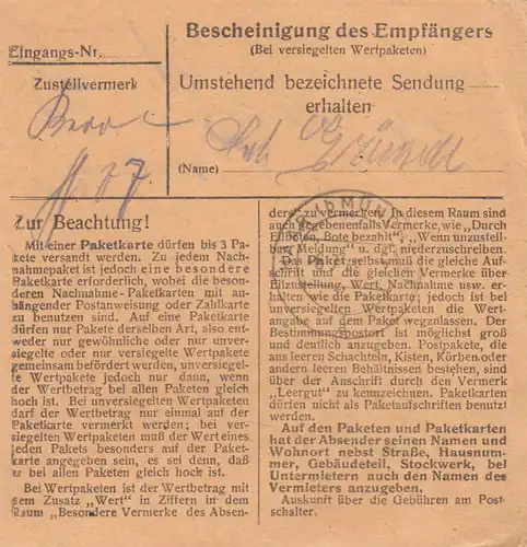 Carte de paquet BiZone 1948: Ismaning Post Grattersdorf vers Eglfing