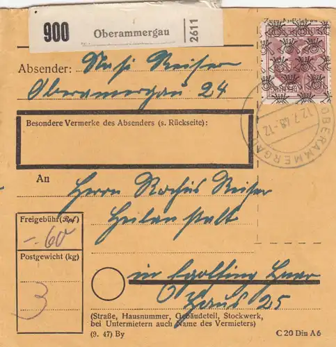 BiZone Paketkarte 1948: Oberammergau nach Eglfing