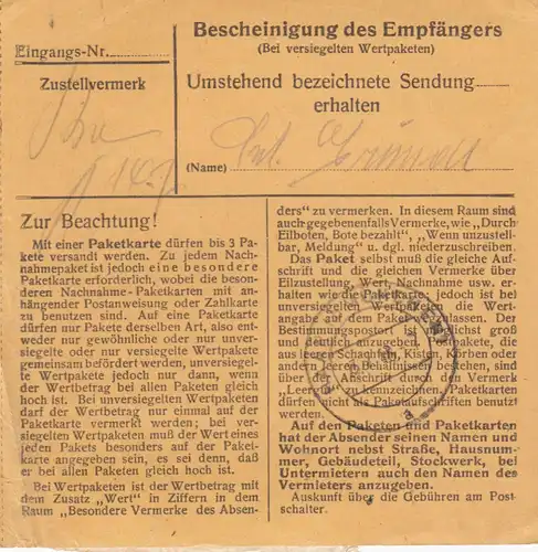 BiZone Paketkarte 1948: Oberammergau nach Eglfing